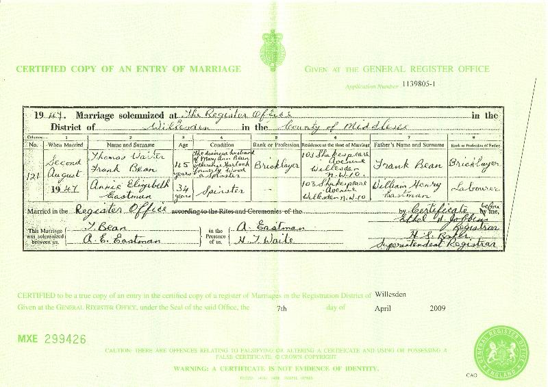 Thomas Walter Frank Bean & Annie Elizabeth Eastman 1947 Marriage Certificate
